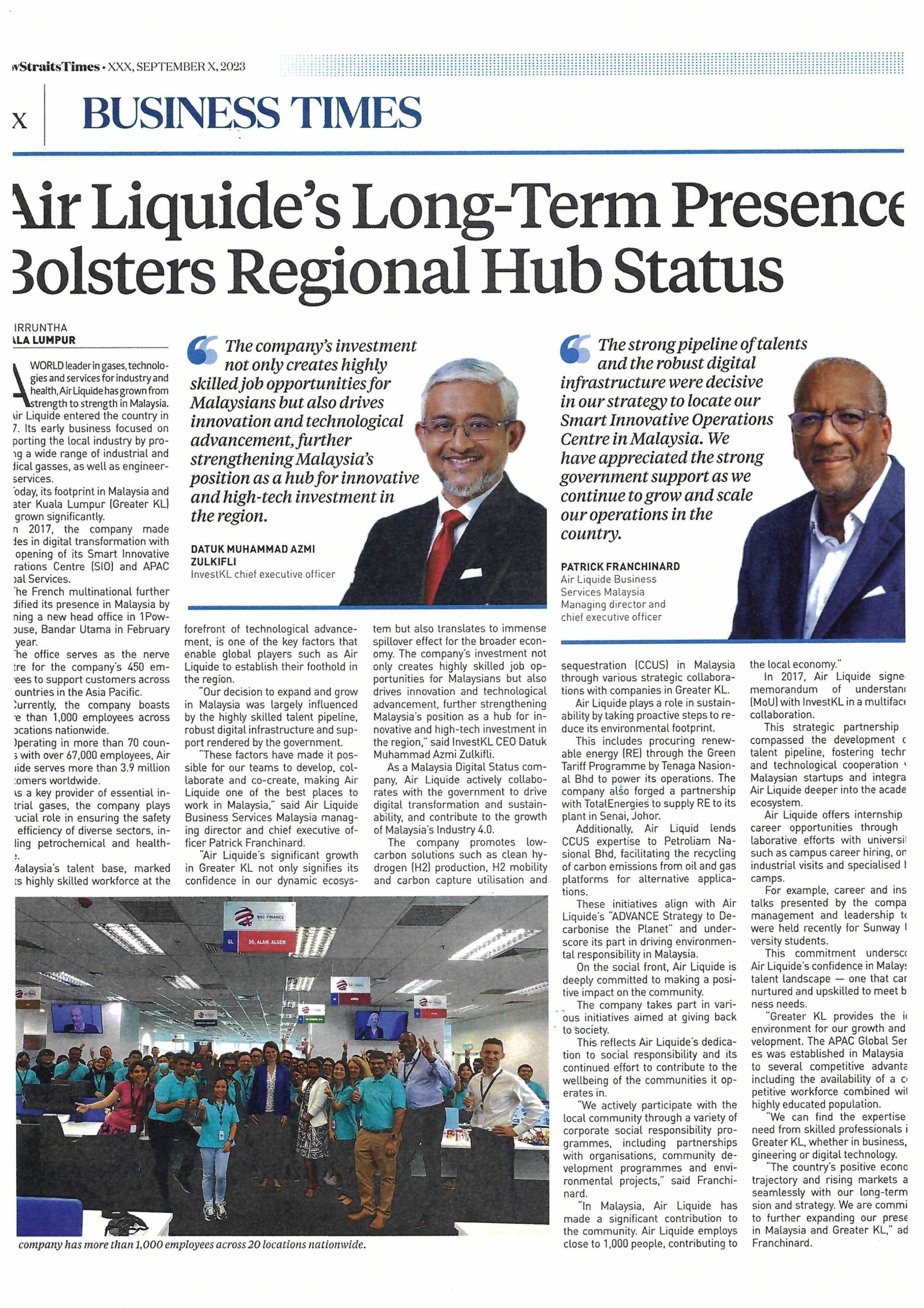 Business Times newspaper article highlighting Air Liquide's long-term presence and its contribution to regional hub development in Malaysia.