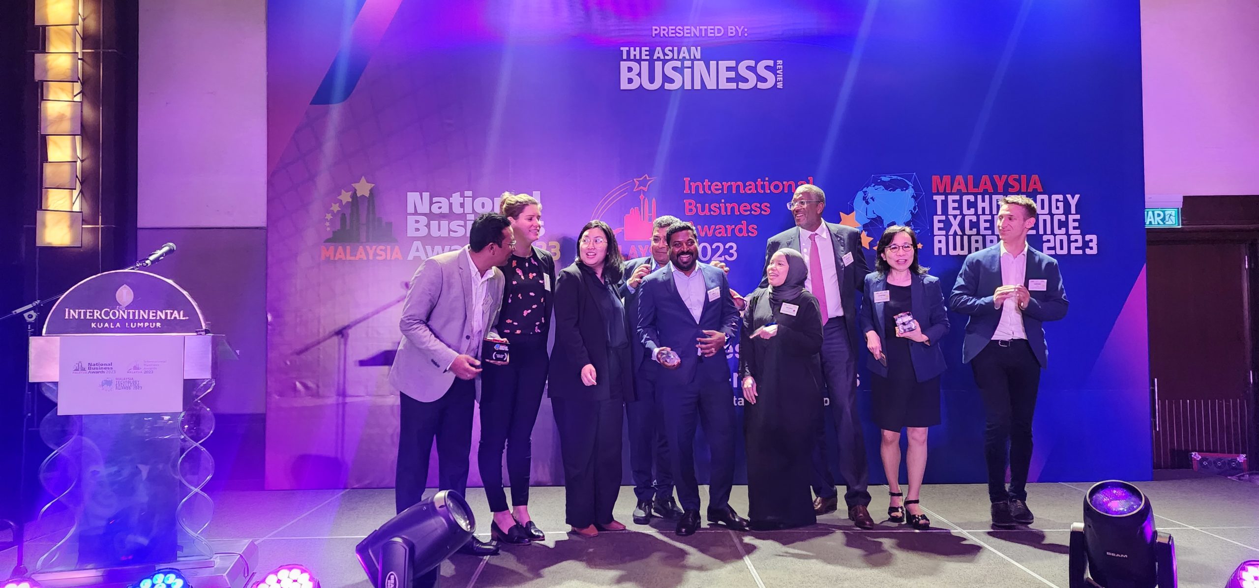 Group of award recipients on stage during the International Business Awards 2023 ceremony in Kuala Lumpur.