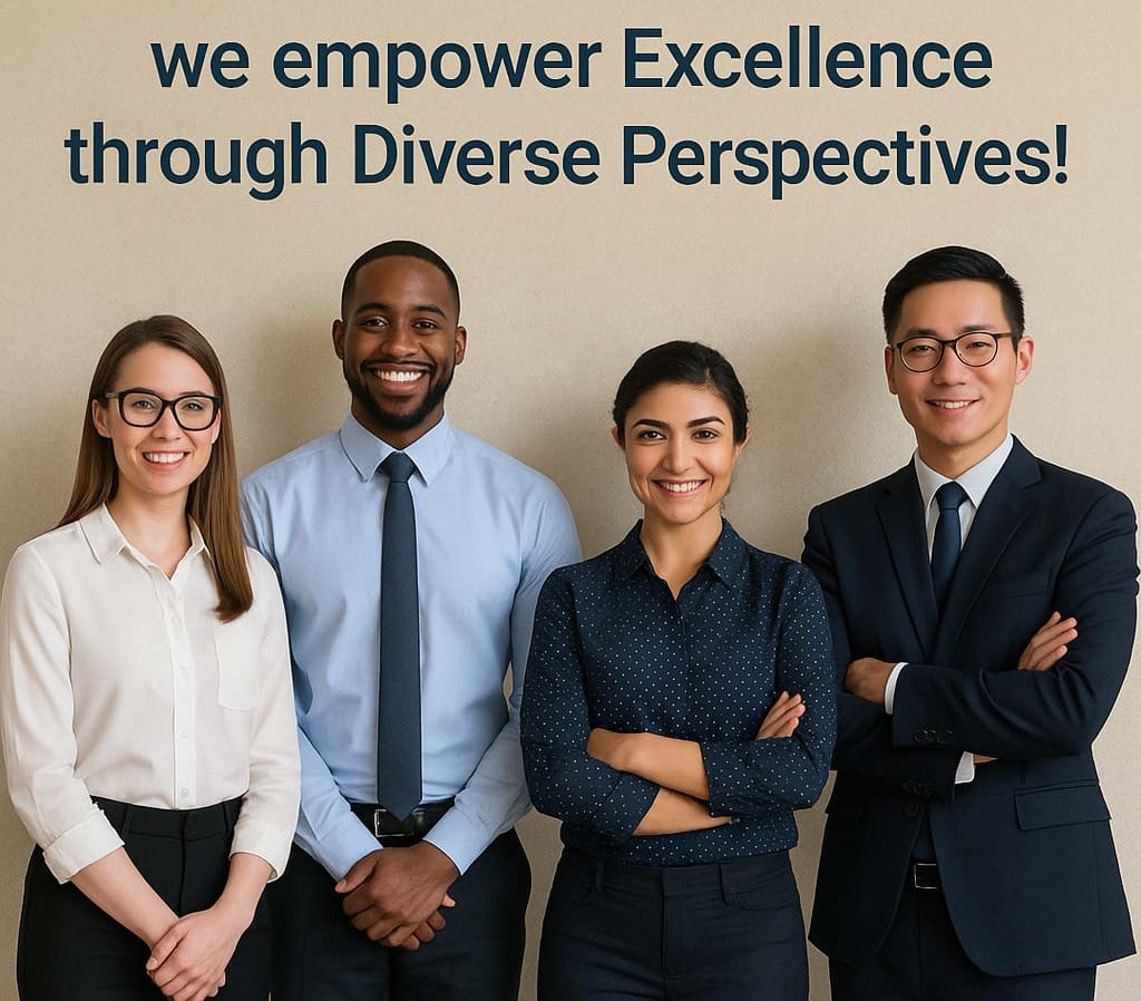A diverse team of professionals standing together, representing collaboration, inclusion, and excellence in the workplace.