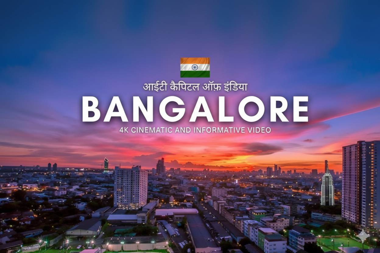 Aerial view of Bangalore city skyline at sunset with the text "Bangalore – 4K Cinematic and Informative Video."