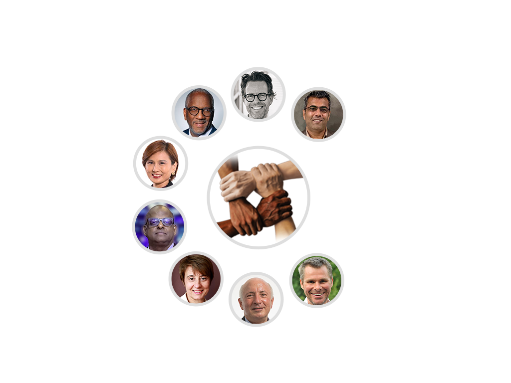 Portraits of diverse advisors surrounding joined hands, symbolizing collaboration, teamwork, and global leadership.