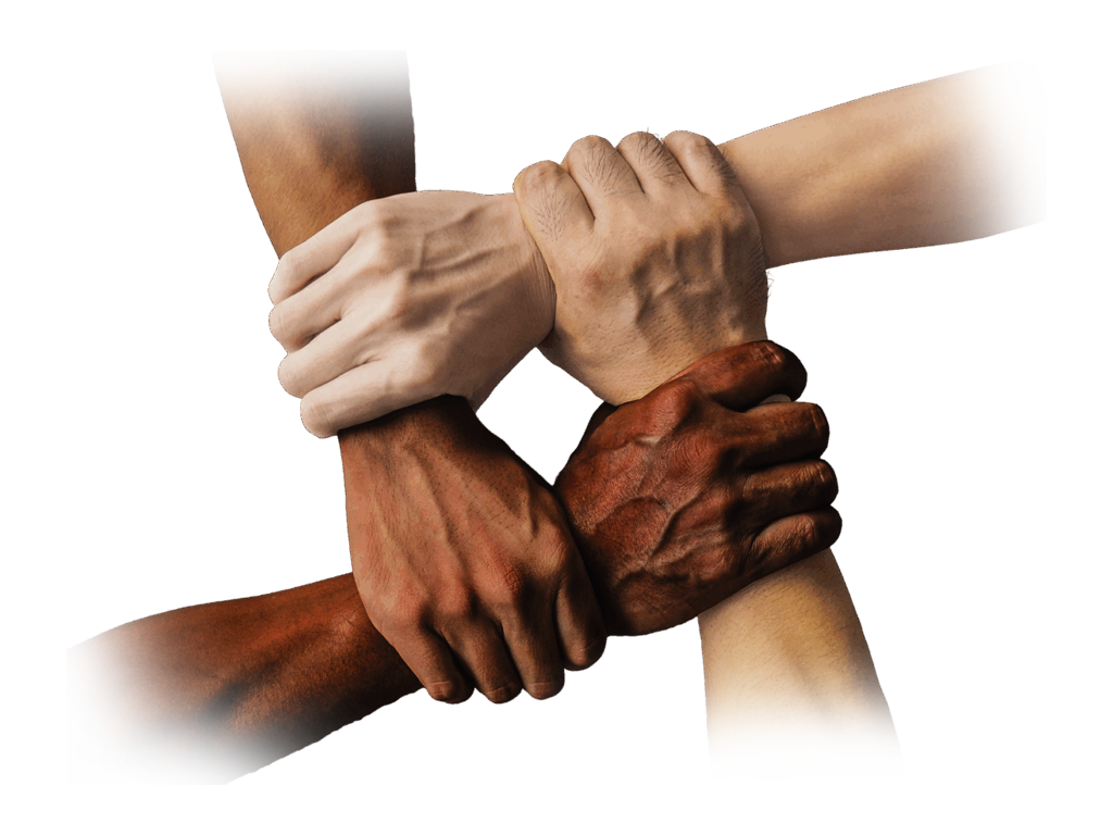 Hands of diverse people joined together, symbolizing teamwork, collaboration, and inclusion.