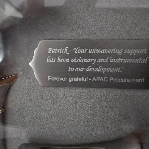 Engraved appreciation plaque presented to Patrick by the APAC Procurement team in recognition of his visionary support and contributions.