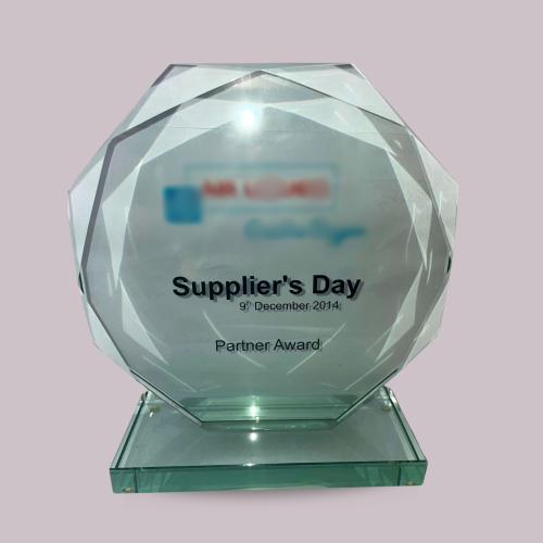 Glass trophy presented as a Partner Award during Supplier's Day recognition event.